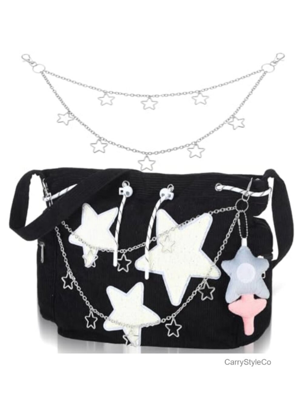 Corduroy Y2k Tote Bag with Detachable Hip Hop Star Chain